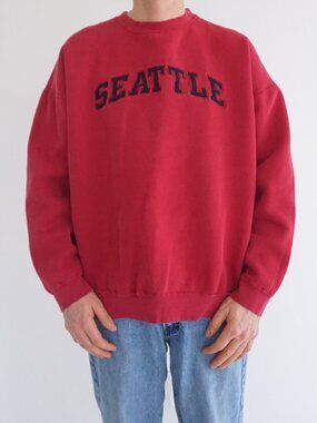 VTG Fahrenheit Red Seattle Spellout Embroidered Cotton Blend Fleece Sweater XXL